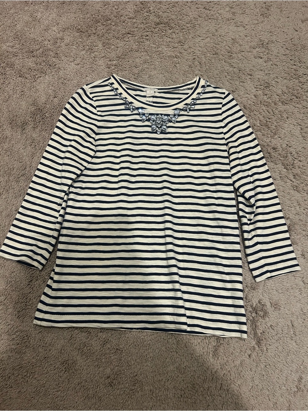 Striped Navy and White 3/4 length-Sleeve Tee with Jewel Accent